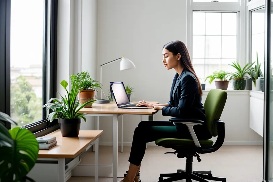 Entspannte Unternehmerin im Coaching-Business an ihrem aufgeräumten Schreibtisch nach dem Entwirren ihrer Funnel-Planung und Automatisierung